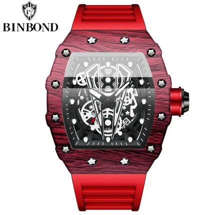 BINBOND Brand Men Watch Domineering Barrel Watch Curved Mirror Hollow Surface Sports Men Watch Silicone Quartz Wristwatch B8577