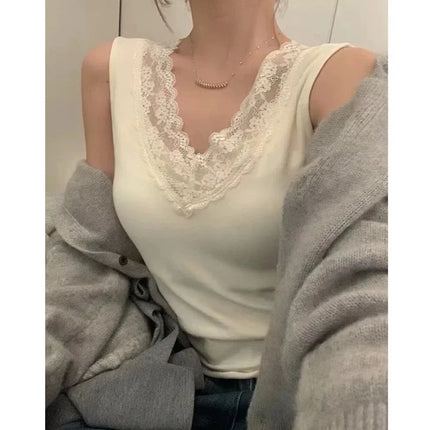 Spring Autumn Women's Slim Fit Lace Trim V-Neck Strap Vest Top Slim Inner Wear Base Layer Sweet Style Elastic Fiber