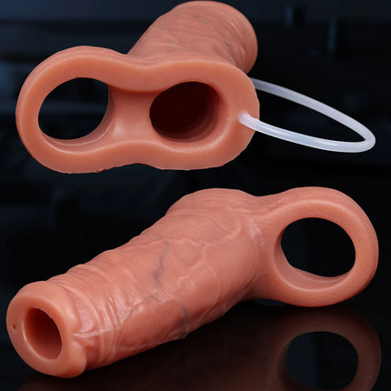 Realistic Squirting Penis Sleeve with Soft Cock Ring Reusable Dildo Enlargement Comdom Ejaculation Water Spray Sex Toys for Men