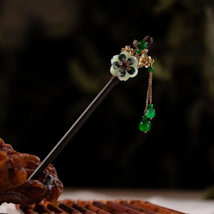 Elegant Chinese Style Wooden Hairpin Imitation Jade Flower Tassel Hair Stick Exquisite Handmade Girls Hair Accessories Hair Clip