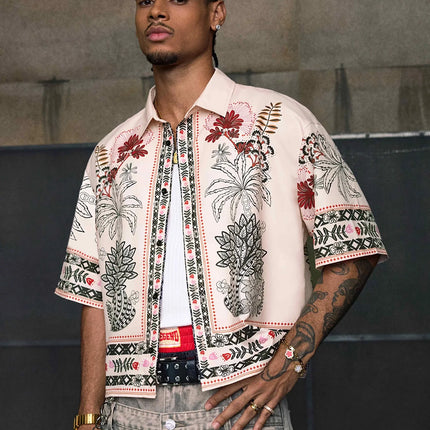 Daily Street Style Ethnic Pattern Boxy Fit Short Sleeve Shirt