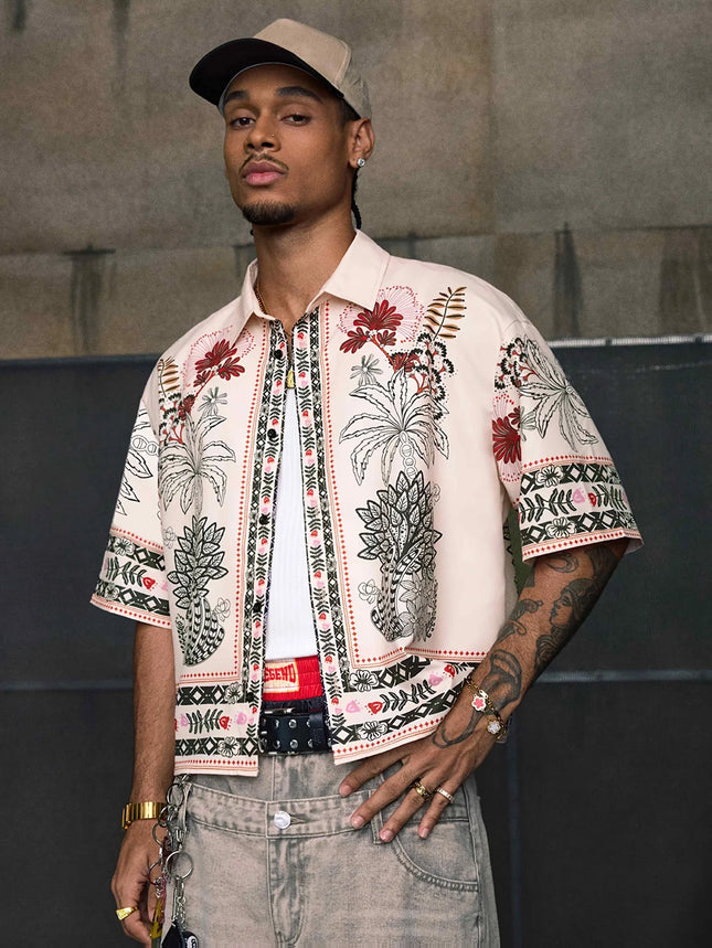 Daily Street Style Ethnic Pattern Boxy Fit Short Sleeve Shirt