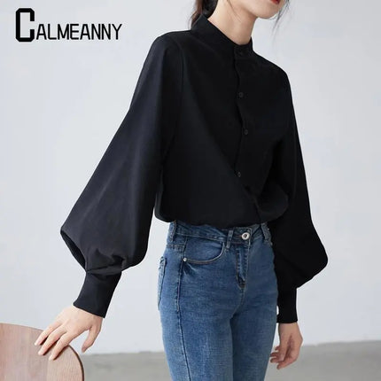 Spring Fashion Women Solid Stand Collar Casual Elegant Fashion Women's Top Clothing Blouse Shirt Lantern Long Sleeve Women's Shirts