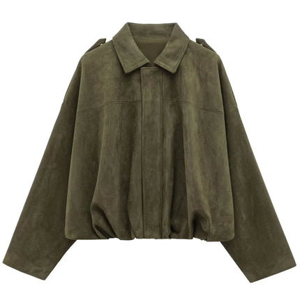HXAO Women's Bomber Jacket Lapel Long Sleeve Zipper Suede Jacket Women 2025 High Street Cropped Racing Jackets Coats Outerwears