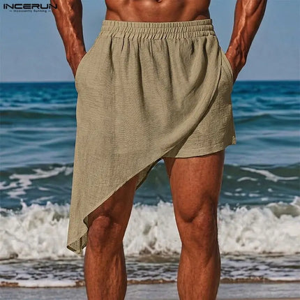 INCERUN Men's Shorts Solid Joggers Loose Summer Irregular Shorts For Man Vacation 2026 Elastic Waist Fashion Casual Men Bottoms