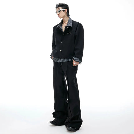 American Sle Slim Fit Striped irt Fake Two-Piece Patchwork Sweatirt Set Turn-down Collar Simple Thin Casual Jaet