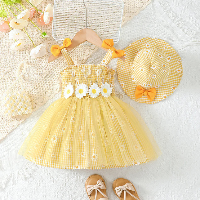 Baby Girl Summer Dress Daisy Plaid Chiffon Sweet Style Dress + Hat 2Pcs for Cute Baby Girls Aged 0-3 Years Vacation Casual Dress