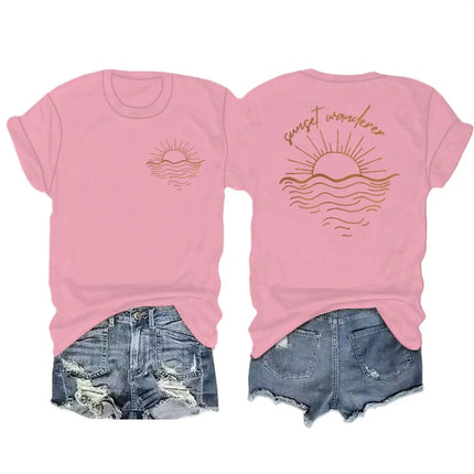 Beach Sunset Graphic T Shirts Women Men Beach Sunset Design Casual Tops Tees Tropical Beach Short Sleeve T-shirt