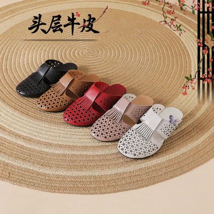 New Women's Breathable Perforated Leather Mules Vintage Tassel Slip on Flats Woman Casual Summer Shoes Hollow Slippers Outdoor