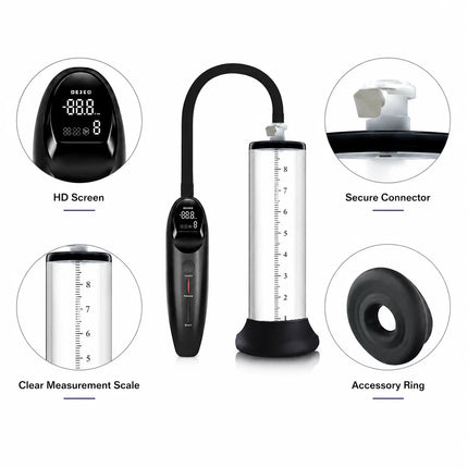 Electric Male Vacuum Pump with Clear Measuring Cylinder Digital Display Black Hose and Man Masturbation Trainer Sex Toy