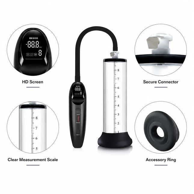 Electric Male Vacuum Pump with Clear Measuring Cylinder, Digital Display, Black Hose, and Man Masturbation Trainer Sex Toy