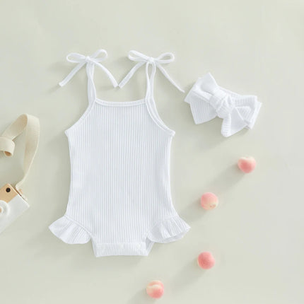 FOCUSNORM 0-18M Infant Baby Girls Sweet Romper Solid Color Knitted Ribbed Tie-Up Spaghetti Straps Sleeveless Ruffles Jumpsuits