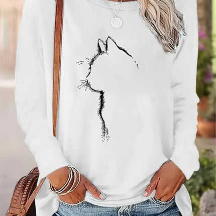 Women's Soft 100% Cotton Black Cat Long Sleeve T-Shirt Top for Everyday Basic Tee Casual Chic Style