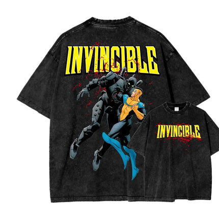 Superhero Anime Invincible Graphic Print Washed T-shirt Men Women New Fashion O-neck Cotton Tee Streetwear Hip Hop Oversized Top