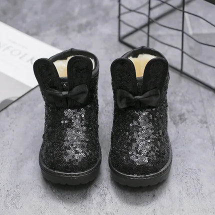 Girls Snow Boots Bunny Ear Bowtie Sequins Cute Winter Warm Ankle Boots Princess Toddler Non-slip Fashion Kids Boot Glitter Bling