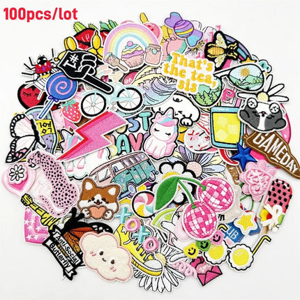 50/100pcs Random Assortted Embroidery Patches Cartoon DIY Iron on/Sew on Patches Stickers Applique for Clothes Dresses Hat Jeans