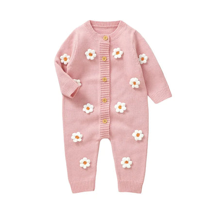 Citgeett Spring Infant Baby Girls Knit Romper Long Sleeve Button Flower Fall Jumpsuit Sweater Pink Clothes
