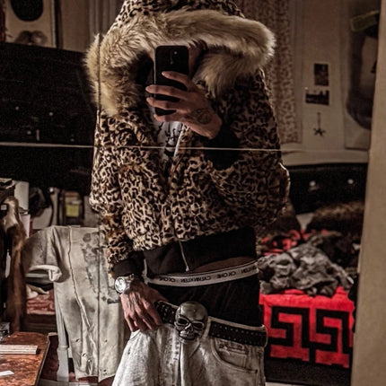 Autumn and Winter Trendy Leopard Pattern New Hoodie Jacket Top Warm Cardigan Velvet Collar Splicing Coat