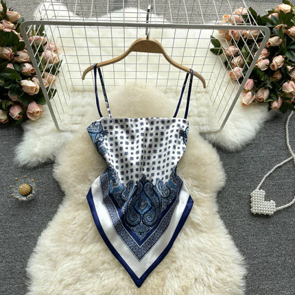 Women's Slim Fit Printed Tank Top Knot Back Design Versatile Strapless Top Commute Style Summer Collection