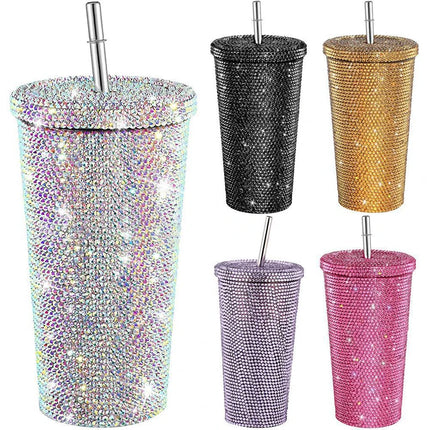 500ml Diamond Thermos Bottles Straw Cup With Lid Rhinestone Stainless Steel Double Layer Thermos Cups Glitter Cup Water Bottle
