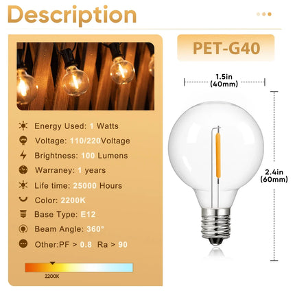 Shatterproof G40 String Light 220V 110V Led Outdoor Lights Garland E12 Waterproof Connectable Festoon Decoration Camping Light