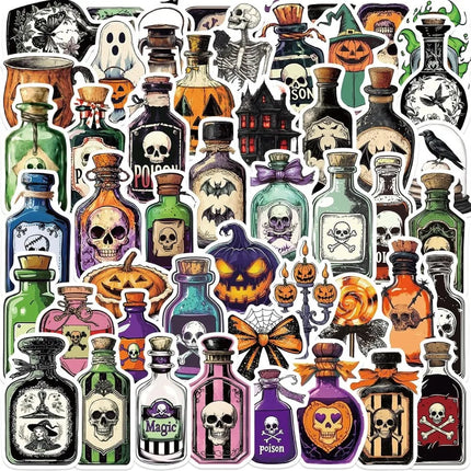 50PCS Potion Stickers Magic Skull Bat Potion Sticker for Halloween Magic Medicine Bottle Stickers Waterproof for Water Bottles