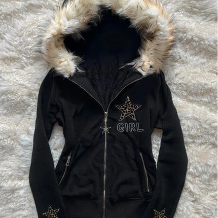 Vintage American Retro White Letter Hoodie Women Winter Faux Fur Lined Zip Up Sweatshirt Cozy Pullover Streetwear 2026 New