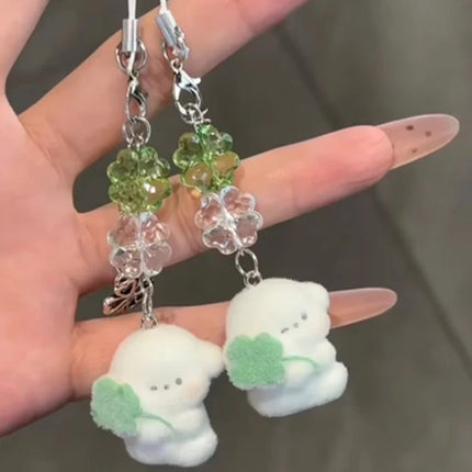 1/2pcs Cute Clover Hug Dog Pendant Keychain Lanyard Flocking Puppy Mobile Phone Straps Pendant Keyring Schoolbag Decorative