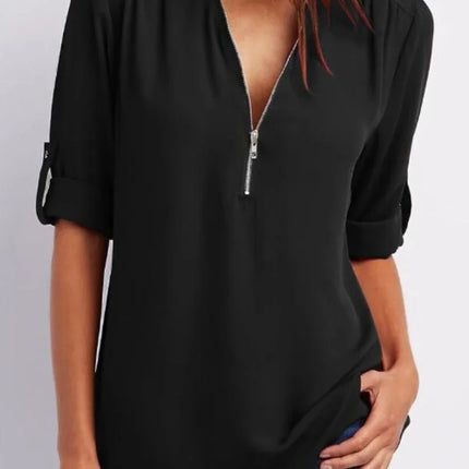 2024 Quality HotSale Plus Size Deep V Neck Women Blouse Chiffon Cool Loose Shirt Fashion Casual Ladies Tops Sexy Zipper Pullover