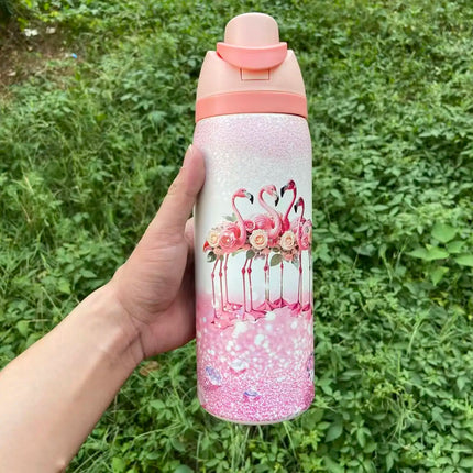32oz Owa Stainless Steel Insulated Water Bottle with Straw And Ribbons, BPA-Free Sports Water bottle for Men and Women, Portable