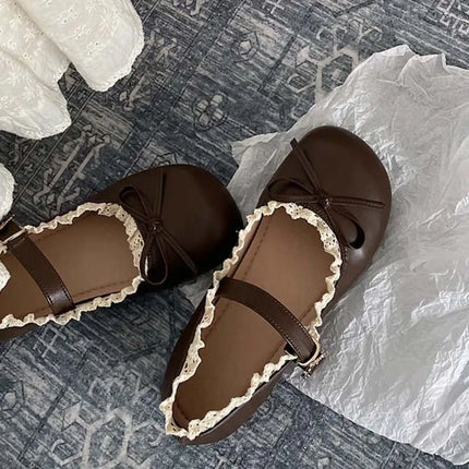 Lolita PU Leather JK Flat Shoes Bow Sweet Slip On Loafers Soft Sole Lace Ruffled Mary Jane Shoes Women