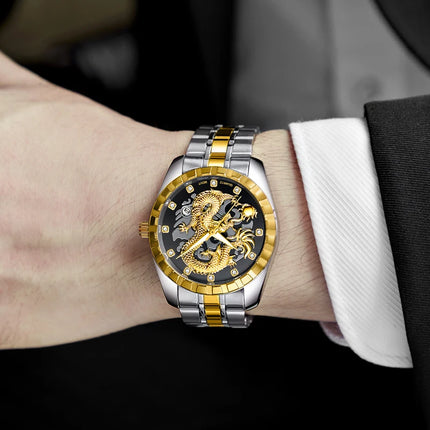 WLISTH Men's Watch 3D Golden Dragon Original Quartz Watch for Men Dragon Dial Waterproof Luminous Date Stainless Steel Watches