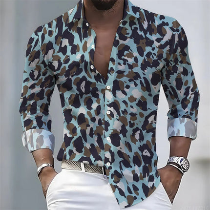 New Men's Leopard Print Long-Sleeved Shirt, Trendy Retro Slim-Fit Turn-Down Collar Casual and Stylish Men's Shirt, Sizes S-6XL.