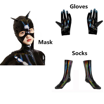 Adult Cat Girl Cosplay Costume Women Sexy Shiny Leather PU Zipper Open Crotch Bodysuit Tights One-piece Unitard Leotard Jumpsuit