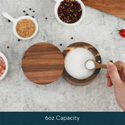 Acacia Wood Salt and Pepper Bowl Box with Lid and Spoon Acacia Salt Cellar with 360° Swivel Lid Spice Seasoning Container JT509