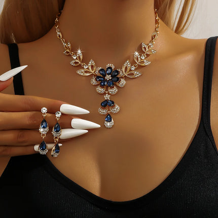 3PC Women's Fashion Trend Black Gold Flower Necklace Earrings Jewelry Set Wedding Banquet Party Festival Gift