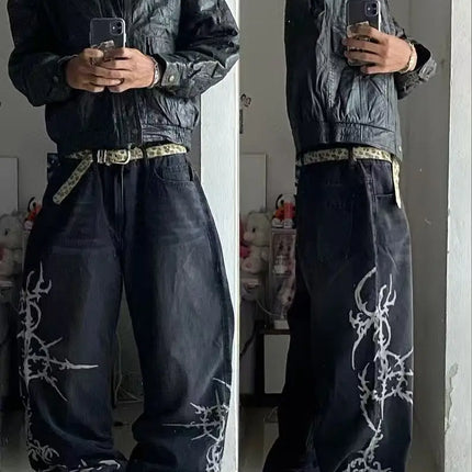 vintage style printing black baggy jeans harajuku trend men women hip hop fashion casual Joker couple Wide-leg pants streetwear