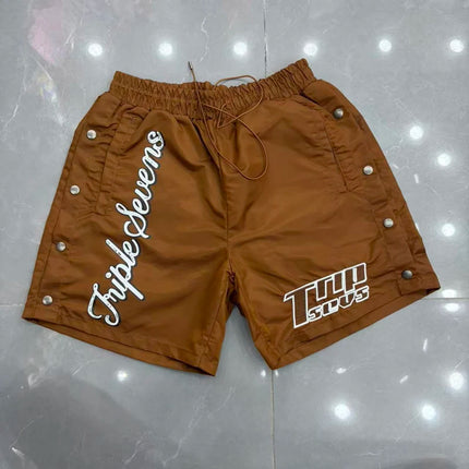 Red Triple Sevens Side Slit Button Placket Shorts Pockets 7S Logo Jorts Men Women Casual Drawstring Waterproof Loose Shortpants