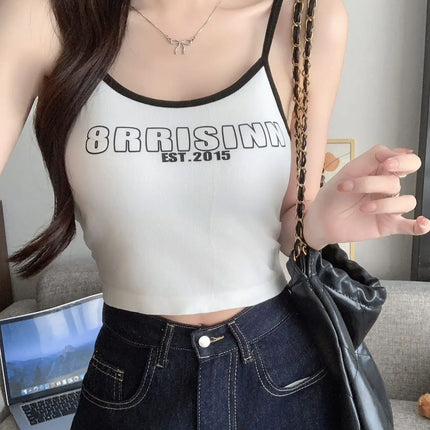 Summer Outdoor Svel Design Sensation Spicy Girl Top American Retro Color Collision Letter Print Strap Vest Women