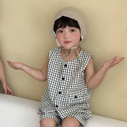 RAISE 2026 Summer Children Outfit Muslin Peter Pan Collar Kids Girls Sleeveless Dress Thin Plaid Tank Top Vest+loose Shorts Suit