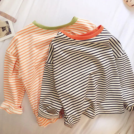 Boys and Girls Long-Sleeved T-shirt, Children's Base Layer, Spring and Autumn Pure Cotton Casual Versatile Striped Baby Top
