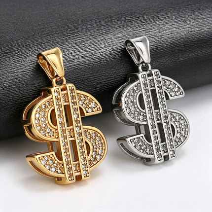 Bling Stainless Steel Dollar Sign Pendant Necklace for Women Men Punk Crystal Charms Chain Money Symbol Jewelry Accessories Gift