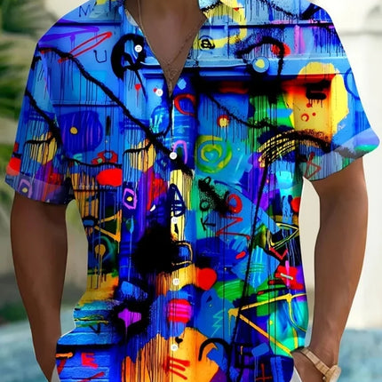 Men's Summer Casual Shirt Vibrant 3D Print Graffiti Art Short Sleeves Lapel Button-Up Top Stylish Streetwear Colorful Shirt Man