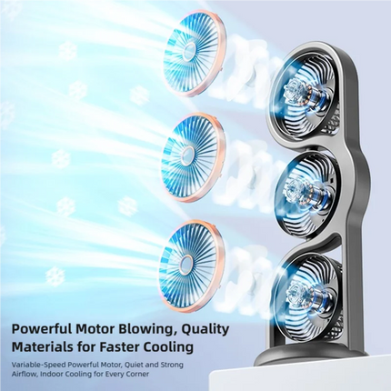 TINSOL New Portable USB Rechargeable Three-Head Fan – 360° Circulation, 5-Speed Wind, Dormitory and Outdoor Desktop Fan