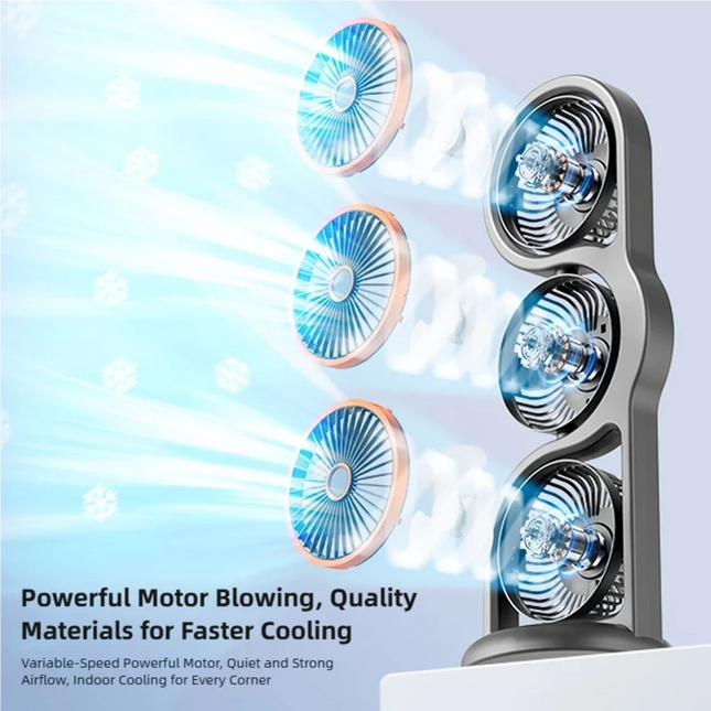 TINSOL New Portable USB Rechargeable Three-Head Fan – 360° Circulation, 5-Speed Wind, Dormitory and Outdoor Desktop Fan