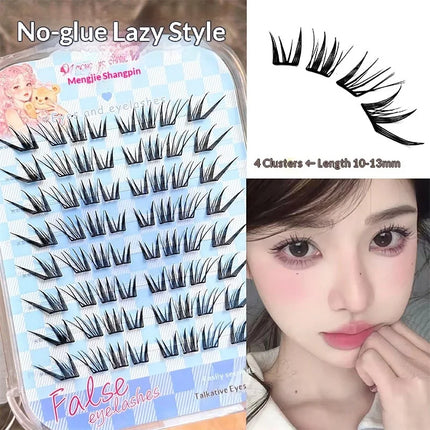 No Glue Self-Adhesive False Eyelashes - Dramatic Volume Natural Wispy Winged Fox Eye Manga Style Fluffy Cat Eye Lashes 7-12mm