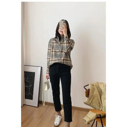 Korean Style 2024 Early Autumn Collection Loose Fit Vintage Hongkong Flair Plaid Striped Long Sleeve Shirt Women's Thickened Inn