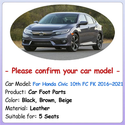For Honda Civic 10th Gen FC FK 2016~2021 Car Floor Mat Custom Foot Parts Leather Panel Liner Pads Rug Interior Accessories