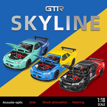 1/18 Skyline GTR R34 Modified Car Alloy Car Model Sound and Light Pull Back Children's Toy Collectibles Birthday gift