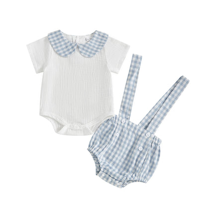 Pudcoco Baby Boys Shorts Set Doll Collar Romper with Plaid Suspender Shorts Summer Outfit 0-18M